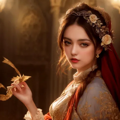 photo realistic,photorealistic,masterpiece,best quality,dramatic lighting,one woman,detail face,dancing,full body,medieval costume,dress,(hdr:1.3), (muted colors:1.2),dramatic,palace background, cinematic, cinematic,