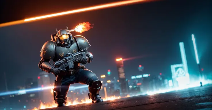 fight, shootout, (Warhammer 40K:1.2), space marines, street fighting, open fire, riot street, blood spattered on armor, blade runner 2049, (cyberpunk city:1.2), cyberpunk city, city lights, (neon cyberpunk city street:1.2), neon lights,detailed lighting, [red rim lighting], blue key light, [dramatic lighting], (flames of war:1.331), 8k, CG, unity, (8k wallpaper),(extremely detailed CG unity 8k wallpaper:1.6), (masterpiece:1.331), (best quality), (ultra-detailed), (best illustration), ultra highres, (best shadow), realistic, (photorealistic:1.331), armor, fire, mechanical Armor, futuristic,(wide shot),negative space,projected inset.