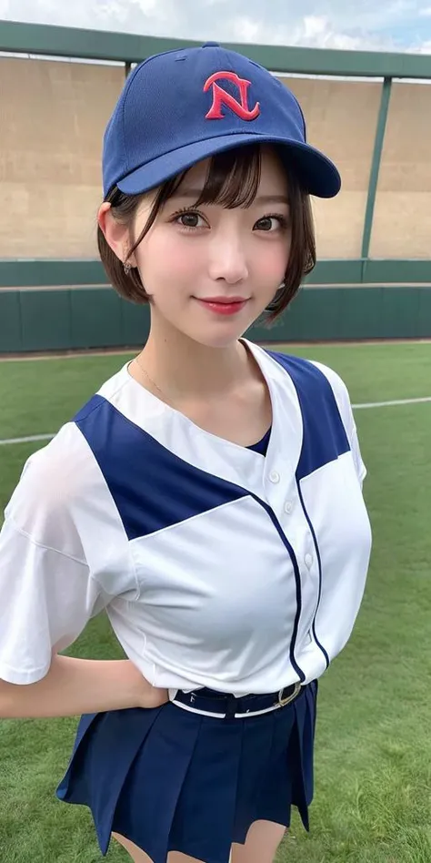 (1girl), baseball uniform, standing, skirt,(ultra realistic, photorealistic:1.3), RAW Photo, baseball field, gigantic breasts, ((short hair)), cap, (ultra high res, best quality, masterpiece:1.2), 8k, CG, nikon camera, outdoor, natural lightning, intrincate details, small waist, high detailed background, nsfw, beautiful, soft focus, beautiful detailed eyes, smile, face close up, <lora:japanesedolllikenessV1_v15:0.85>, full body, sexy pose