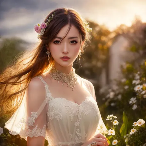 photo realistic,photorealistic,masterpiece,best quality,dramatic lighting,one woman,detail face,dress,garden background,bright eye,