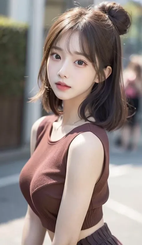 (RAW photo, best quality), (realistic, photo-realistic:1.3), best quality ,masterpiece, an extremely delicate and beautiful, extremely detailed ,CG ,unity ,2k wallpaper, Amazing, finely detail, masterpiece, light smile, best quality, extremely detailed CG unity 8k wallpaper, huge filesize , ultra-detailed, highres, extremely detailed, 1girl, slim body, small breasts, (black leotard top:0.7), (pink skirt:1.2), (bun hair), (brown hair), looking at looking at viewer, sharp focus, face close-up, nsfw,,,, pureerosface_v1:0.8 <lora:Japanese-doll-likeness:0.2> <lora:koreanDollLikeness_v15:0.2> <lora:cuteGirlMix4_v10:0.5>  short hair,
