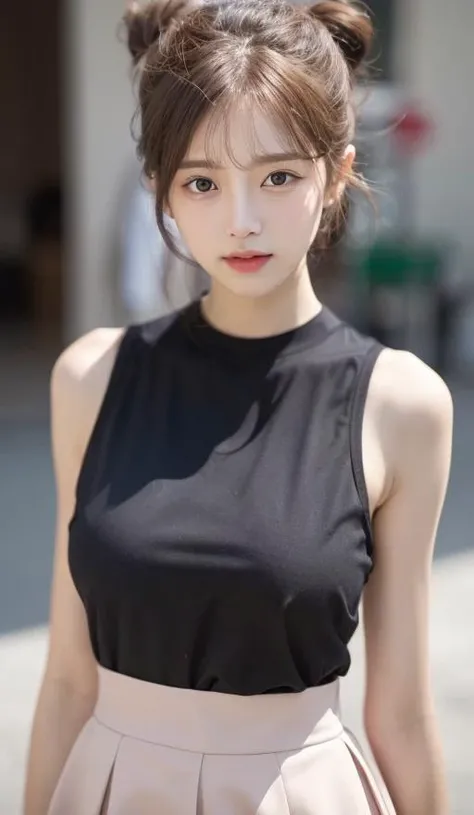 (RAW photo, best quality), (realistic, photo-realistic:1.3), best quality ,masterpiece, an extremely delicate and beautiful, extremely detailed ,CG ,unity ,2k wallpaper, Amazing, finely detail, masterpiece, light smile, best quality, extremely detailed CG unity 8k wallpaper, huge filesize , ultra-detailed, highres, extremely detailed, 1girl, slim body, small breasts, (black leotard top:0.7), (pink skirt:1.2), (bun hair), (brown hair), looking at looking at viewer, sharp focus, face close-up, nsfw,,,, pureerosface_v1:0.8 <lora:Japanese-doll-likeness:0.2> <lora:koreanDollLikeness_v15:0.2> <lora:cuteGirlMix4_v10:0.5>  short hair,
