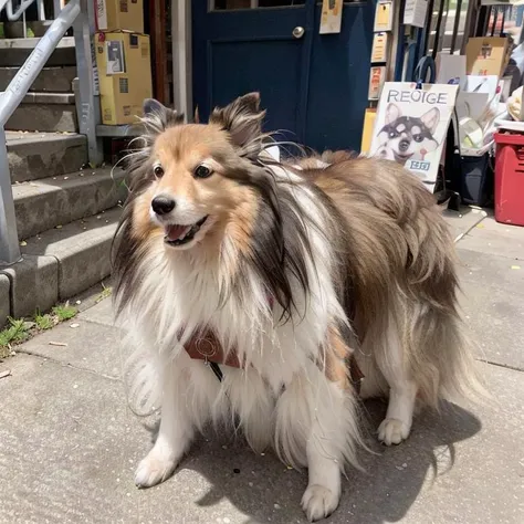sheltievivi, dog, animal focus, New_York, Williamsburg, Brooklyn,sidewalk, stairs, corssroad, store signs,
,<lora:sheltievivi:0.8>