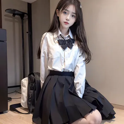 (best quality, masterpiece: 1.1), (realistic, photo-realistic: 1.1),(a girl: 1.1) beautiful detailed eyes,(full body:1.3)A girl A girl kneels on the floor(solo)<lora:cuteGirlMix4_v10 (1):0.7><lora:jk uniform:0.6>(JK long-sleeved shirt),JK style,(JK skirt) ,(JK long tie)