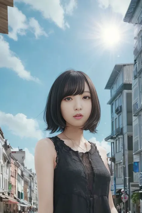 1 girl, solo, black hair,
upper body, (random perspective),
(masterpiece:1.4),best quality,8k,high quality render,(detailed face:1.2),
beautiful city background,best wallpaper,(sun lighting:1.2),
<lora:sakuraayaneJPVA_v15:1>
