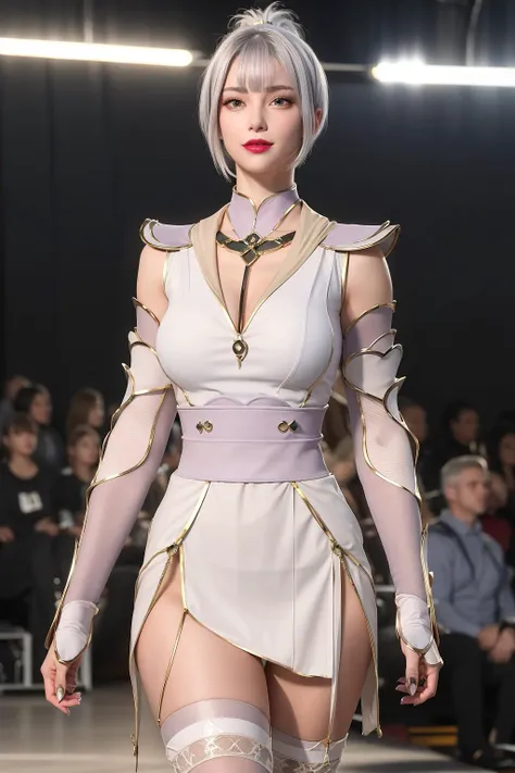 1girl, realistic , highres, best quality,blurry,blurry_background, blurry_foreground,depth_of_field,motion_blur, motion_blur, (walking:1.5), indoors,(runway:1.5) looking at viewer,
smile,breasts, detail face, pointy_ears,armor, breastplate, hair_stick,lips, lipstick, jewelry, thighhighs, white hair, (blunt bangs:1.5),model,
<lora:koreanDollLikeness_v15:0.4> <lora:hanyue-000008:0.5>