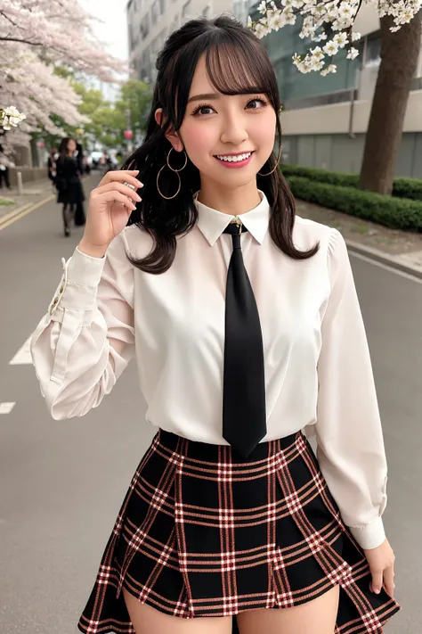 miku_kanemura, <lora:MikuKanemura_v2-000007:0.8>, full body, masterpiece, best quality, salute, hand on hip, full body, 1girl, bangs, black choker, black necktie, blue skirt, blush, bracelet, breasts, choker, clothes around waist, collarbone, collared shirt, cowboy shot, dress shirt, ear piercing, eyebrows visible through hair, gradient hair, grin, gyaru, jewelry, kogal, long hair, looking at viewer, loose necktie, necktie, piercing, plaid, plaid skirt, pleated skirt, red eyes, ring, school uniform, shirt, skirt, smile, solo, white shirt, street, sky, cherry blossoms, petals,