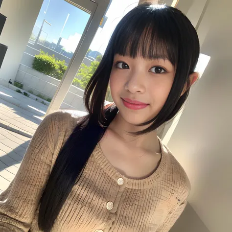 cute girl, beautiful hanni smirking, smiling eyes, happy mood, sunny, best quality, ultra highres, (photorealistic:1.2), (depth of field:1.1), (looking at camera:1.1), jean material shirt, black hair, short hair, brown clothes, solo, 1 girl, medium chest, in school, bokeh, soft light, bloom, perfect body, perfect anatomy, photoshoot, random pose, clean face, pale skin, clean skin, bangs, 1girl, hanni1, <lora:Hanni:1>