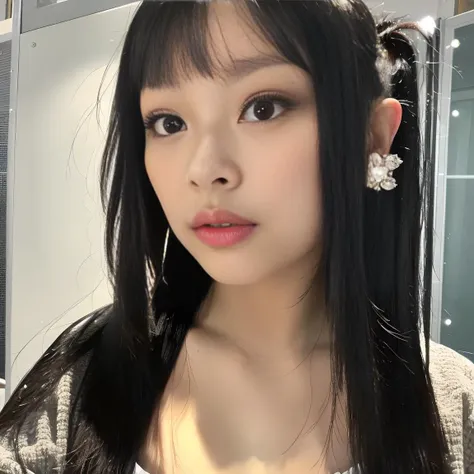 realistic, ultra detailed, diamond stud earrings, long straight black hair, Super detailed, front Photo, bangs, 1girl, blunt bangs, <lora:Hanni:1>