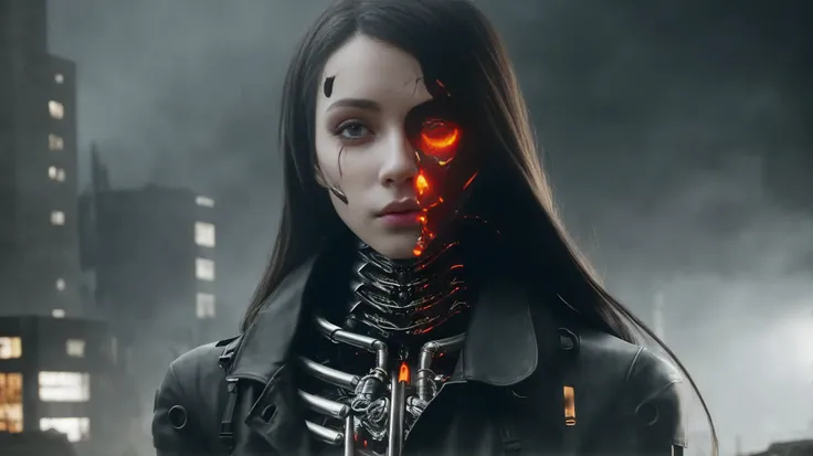 A beautiful young woman wearing black trench coat, half human half robot face, separation of face segments, long hair, cyborg, (anatomical), covered with wounds, city ruins, dark, bloody, atmospheric lighting, Detail Shot, ultra high quality, masterpiece, 8K, Unreal Engine 5, Sci-fi, (H. R. Giger style:1.2)