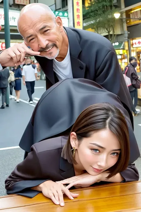 raw photo, portrait of (emaciated:1.3) woman [Hatano Yui: Amber Heard:.5] and a old bald man, (dark:1.0), , (gloomy:0.9), , (looking_at_viewer:1.4), , short  hair cut,, (fine wrinkles, pores, veins:.5),
,, (woman straightening legs and bending over , hand on table:1.5), (man touching woman's ass:1.52), (side_view:1.5), (smile:1.4), ,,, (busy Taipei shopping street:1.5)(full of people, people watching:1.3), , large earrings, (slutty French outfit:1.5), long slim legs, ,(outdoors, daytime:1.5),
, highly detailed, masterpiece, best quality, 8k, (realistic skin, cell-shaded:1.3), sharp_focus, SFW, (high detailed skin:1.2), 8k uhd, dslr, (soft lighting:1.0), high quality, film grain, Fujifilm XT3,