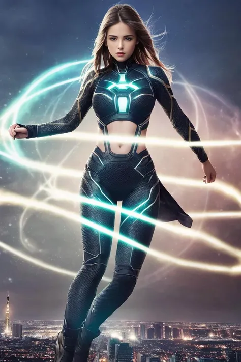 masterpiece, best quality, highres, (photorealistic:1.4), 1 girl, solo, full body, science_fiction intricate_glowing midriff suit, fighting postures, (morden city background),