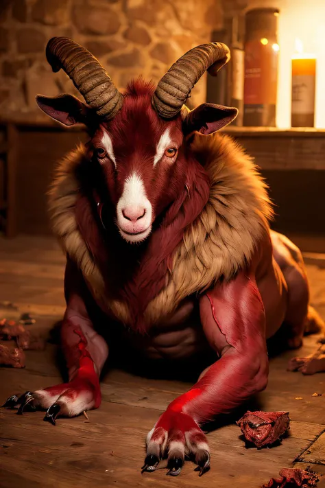 a goat headed demon with big horns, strong beefy upper body, blood body paints, furs, ((claws, wings)), demonic armor, blood splatters, skulls on the floor, necromancer ritual , medieval, dark room, dim light,
masterpiece, realistic, oil painting
<lora:epiNoiseoffset_v2:1> <lora:aToZovyaRPGArtists_v2Art:0.5>