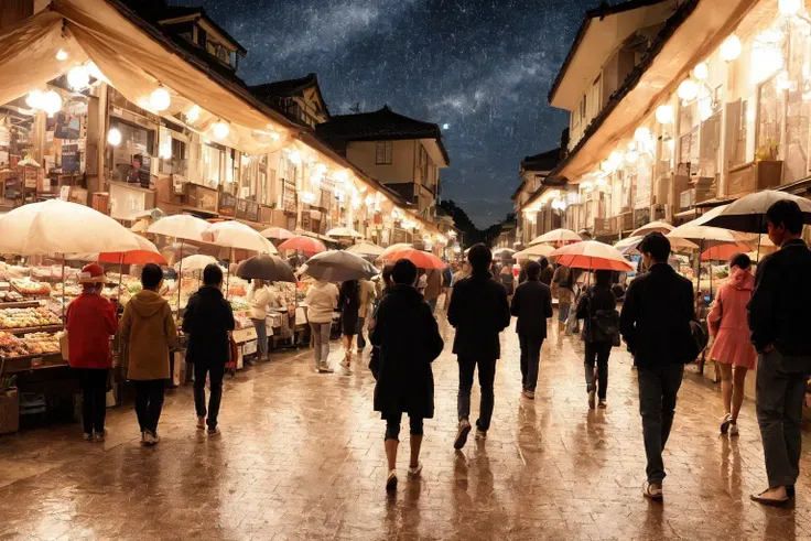 photo, (Marketplace style:1) ,<lora:djzMarketplaceV21:1>, group, people, standing, market, night, village, walking, umbrellas, crowds, around, building, in front, pagoda, rain soaked, street, more street light, starry sky bright \(idolmaster\),