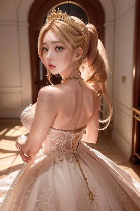 <lora:mika05:1> wearing white wedding princess dress, back view, walking on a staircase,handsome, skinny,professional lighting,far view, city, eyelines,gold necklace,rendered eyes,tall body,adult woman,hair ornament,instagram most viewed,official wallpaper, official art,(kpop idol), half-closed eyes,((photorealistic painting art by midjourney and greg rutkowski)),((supermodel)), <lora:wedding_princess:0.3>