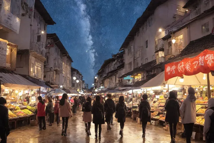 photo, (Marketplace style:1) ,<lora:djzMarketplaceV21:1>, group, people, standing, market, night, village, walking, umbrellas, crowds, around, building, in front, pagoda, rain soaked, street, more street light, starry sky bright \(idolmaster\),