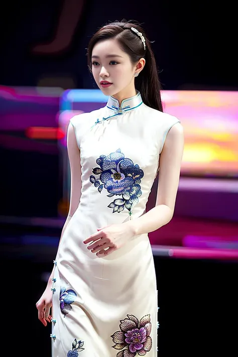 (goddess-like happiness:1.2),ulzzang-6500-v1.1,modelshot style,(RAW photo, photography, illustration, masterpiece, ultra detailed, top quality, official art, ultra detailed, CG, unity, 8k wallpaper, cinematic lighting, highres, original, extremely detailed 8k uhd, dslr, wallpaper), (photo-realistic:1.35), HDR, depth of field, floral print,cowboy shot,fashion, Paris Collection, model struts down the catwalk with confidence and poise. Her long legs effortlessly carry her down the runway, and her graceful movements captivate the audience's attention. She wears (sleeveless Qipao:1.5),hair ornament, necklace, jewelry, long hair, earrings,exquisite facial features,exquisite hair, that accentuates her narrow waist, large breasts and enhances her beauty. As she reaches the end of the runway, she pauses and strikes a pose, showcasing her outfit from every angle, <lora:Chi_SongYi_v1_0:0.8>