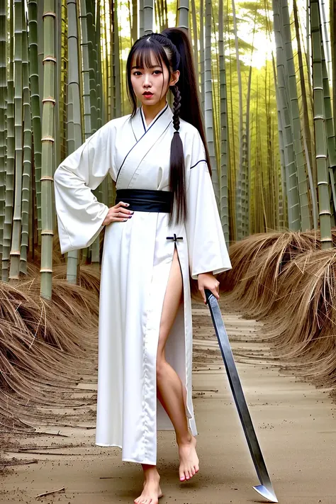 raw photo, portrait of a (emaciated:1.3) woman [ Amber Heard: Hatano Yui:.05] (raising great sword:1.4), (dark:1.0), , (gloomy:0.2), , (looking_at_viewer:1.2), , ,, (fine wrinkles, pores, veins:.5),
, , (bamboo forest, dirt_floor, muddy ground:1.3), (bending over:1.21), (Chinese martial arts, Han dynasty:1.4), (long black hair, ponytail, barefoot, no_makeup, gritty:1.3), (from_side:0.7), (woman wearing white Hanfu, Han style outfits, Complex clothing details:1.3), long slim legs ,(daytime:0.5),
, highly detailed, masterpiece, best quality, 8k, (realistic skin, cell-shaded:1.3), sharp_focus, (SFW), (high detailed skin:1.2), 8k uhd, dslr, (soft lighting:1.0), high quality, film grain, Fujifilm XT3,