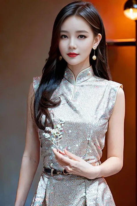 (goddess-like happiness:1.2), ulzzang-6500-v1.1, modelshot style,(RAW photo, photography, illustration, masterpiece, ultra detailed, top quality, official art, ultra detailed, CG, unity, 8k wallpaper, cinematic lighting, highres, original, extremely detailed 8k uhd, dslr, wallpaper), (photo-realistic:1.35), HDR, depth of field, floral print, night cityscape, (1girl:1.6), long hair, beautiful girl with beautiful details, extremely detailed eyes and face, eyes with beautiful details, (sleeveless Qipao:1.5), (perfect shiny skin:0.6), slim and smooth lines, (floating), (medium breasts:1), earrings , <lora:Chi_LiYiTongChinese_v10:0.8>