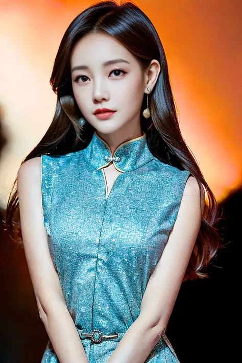(goddess-like happiness:1.2), ulzzang-6500-v1.1, modelshot style,(RAW photo, photography, illustration, masterpiece, ultra detailed, top quality, official art, ultra detailed, CG, unity, 8k wallpaper, cinematic lighting, highres, original, extremely detailed 8k uhd, dslr, wallpaper), (photo-realistic:1.35), HDR, depth of field, floral print, night cityscape, (1girl:1.6), long hair, beautiful girl with beautiful details, extremely detailed eyes and face, eyes with beautiful details, (sleeveless Qipao:1.5), (perfect shiny skin:0.6), slim and smooth lines, (floating), (medium breasts:1), earrings , <lora:Chi_LiYiTongChinese_v10:0.8>