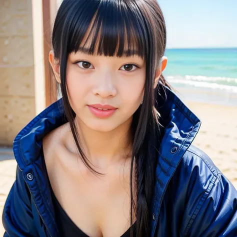 nsfw, nikon RAW photo,8 k, Fujifilm XT3,masterpiece, best quality, 1girl,solo,realistic, photorealistic, ultra detailed, VOGUE Korea long straight black hair on a low single braid, hazel eyes, looking at camera, seducing smile, wearing a black jacket,  on a beach during a sunny day, petite,  small breasts,  (close up  face), bangs, hanni:0.5,  <lora:hanni-v2:0.5>