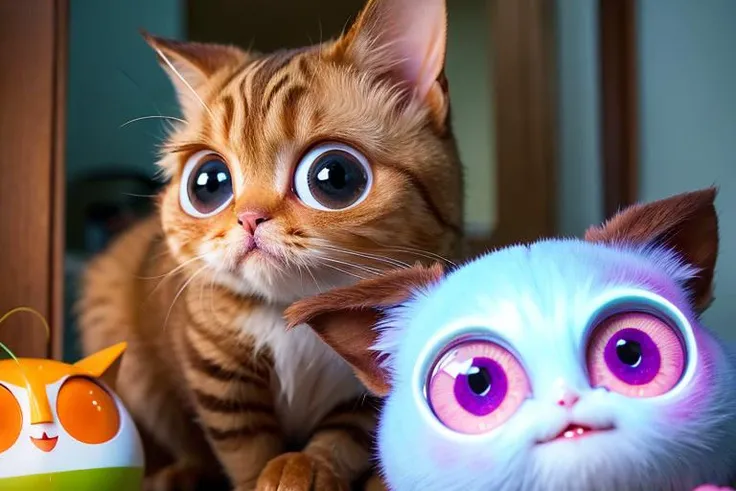 Gizmo, android, Puss in Boots, Furby, beautiful detailed eyes, masterpiece, best quality, ultra-detailed
