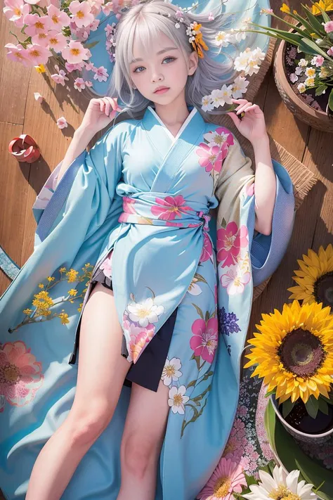 a girl,16yo, silver hair, blue eyes, lying on the carpet, (wearing kimono with flowers pattern:1.3), ((short skirt)),bow, knot , taiko musubi, light blue waistband, plants in hand
high-angle shot,
best quality, ultra high res, 8K, masterpiece, sharp focus, clear gaze,
<lora:anySheg_v10:0.8>, sheg,