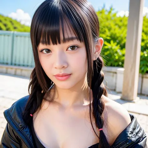 nsfw, nikon RAW photo,8 k, Fujifilm XT3,masterpiece, best quality, 1girl,solo,realistic, photorealistic, ultra detailed, VOGUE Korea long straight black hair on a low single braid, hazel eyes, looking at camera, seducing smile, wearing a black jacket, on a beach during a sunny day, petite, small breasts, (close up face), bangs, hanni:0.5, <lora:hanni-v2:0.5>