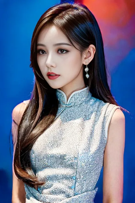 (goddess-like happiness:1.2), ulzzang-6500-v1.1, modelshot style,(RAW photo, photography, illustration, masterpiece, ultra detailed, top quality, official art, ultra detailed, CG, unity, 8k wallpaper, cinematic lighting, highres, original, extremely detailed 8k uhd, dslr, wallpaper), (photo-realistic:1.35), HDR, depth of field, floral print, night cityscape, (1girl:1.6), long hair, beautiful girl with beautiful details, extremely detailed eyes and face, eyes with beautiful details, (sleeveless Qipao:1.5), (perfect shiny skin:0.6), slim and smooth lines, (floating), (medium breasts:1), earrings , <lora:Chi_LiYiTongChinese_v10:0.8>