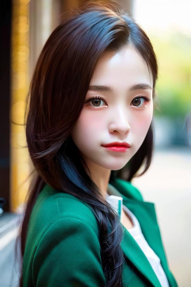 A close up of a woman with long hair and a green jacket - SeaArt AI