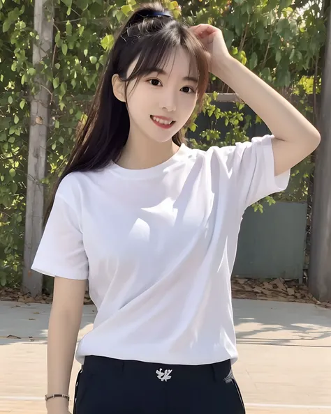 a woman in a white shirt and black pants posing for a picture with her hand on her head and her hair in a ponytail, Du Qiong, white, a stock photo, superflat
