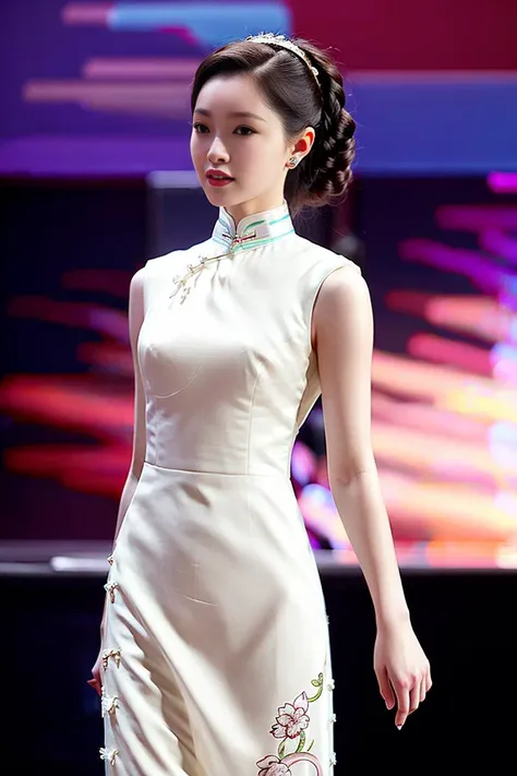 (goddess-like happiness:1.2),ulzzang-6500-v1.1,modelshot style,(RAW photo, photography, illustration, masterpiece, ultra detailed, top quality, official art, ultra detailed, CG, unity, 8k wallpaper, cinematic lighting, highres, original, extremely detailed 8k uhd, dslr, wallpaper), (photo-realistic:1.35), HDR, depth of field, floral print,cowboy shot,fashion, Paris Collection, model struts down the catwalk with confidence and poise. Her long legs effortlessly carry her down the runway, and her graceful movements captivate the audience's attention. She wears (sleeveless Qipao:1.5),hair ornament, necklace, jewelry, long hair, earrings,exquisite facial features,exquisite hair, that accentuates her narrow waist, large breasts and enhances her beauty. As she reaches the end of the runway, she pauses and strikes a pose, showcasing her outfit from every angle, <lora:Chi_SongYi_v1_0:0.8>