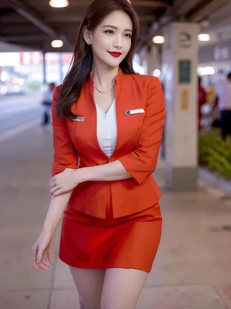 (shiny skin), makeup,red lips,smile(skinny,closed mouth,shy:1.5), huge breasts, looking at viewer, middle hair, (full body:1.5), purple eyes,(sliver hair:1.1),bangs, solo, pureerosface_v1, (best quality:1.4), stunning, fashionable, reliable, attractive, irresistible, mix4,ulzzang-6500-v1-1, high nose bridge, (photorealistic, high resolution:1.4), (8k, RAW photo, (simple background:1.4),realistic, masterpiece:1.2), (sharp focus:1.2), professional lighting, physically-based rendering,nsfw, beautiful vintage color,realistic, portrait of a firl, kind energetic, cheerful, creative, accurate responses, knowledgeable, with sparkling eyes and a contagious smile,
airasia uniform,red suit,white compression v-neck shirt,red tight skirt,red shoes,