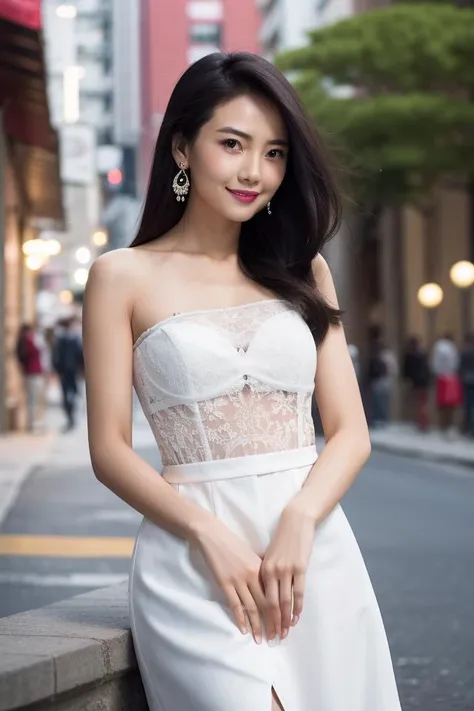 upper body, (smile:1.5), looking_at_viewer, white dress, floral print,  depth of field, night cityscape, (1girl:1.6),   long hair, ulzzang-6500v1.1, (original: 1.2), (realistic: 1.3) , beautiful girl with beautiful details, extremely detailed eyes and face, eyes with beautiful details, absurd, incredibly absurd, huge file size, ultra detail, high resolution, ultra detailed, best quality, masterpiece, illustration, ultra detailed and beautiful, ultra detailed, CG, unity, 8k wallpaper, amazing, fine Detail, masterpiece, top quality, official art, extremely detailed CG unity 8k wallpaper, cinematic lighting, (perfect shiny skin:0.6), slim and smooth lines, (floating), (small breasts:1),  earrings ,<lora:Gaoyuanyuan_v11:0.7>