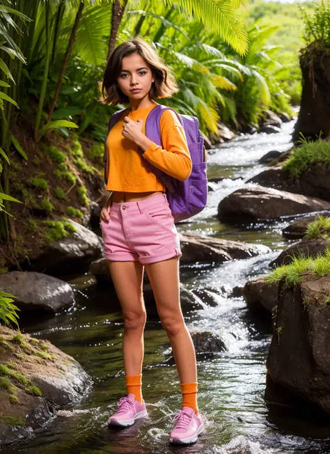 a girl at jungle with river on side, nikon d850 film stock photograph 4 kodak 400 camera f1.6 lens rich colors hyper realistic lifelike texture natural lighting trending on artstation cinestill 800, (100mm lens), ((dora)), ((full body), (short hair), (pink clothes), (orange short pants), (purple backpack), (sweaty), (dusty skin),