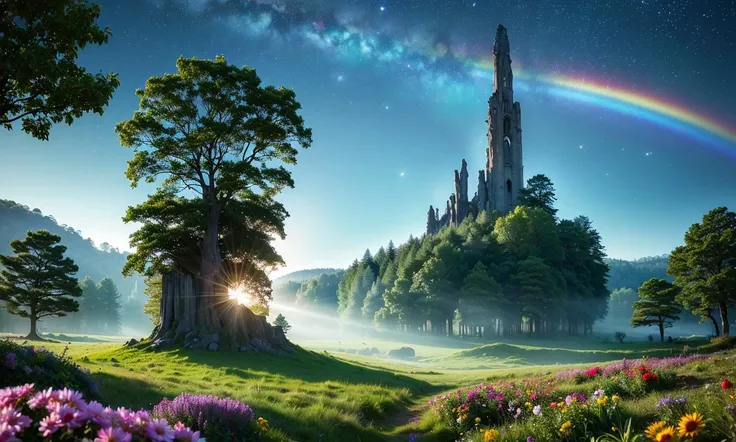 ultra detailled , rock, fantasy forest, (magic), sunshaft, magic light, 8k, godrays, realistic, tree leaf, ((flowers)), 8k high definition, (old ruin), starry sky, planet in sky, rainbow, trees, fog