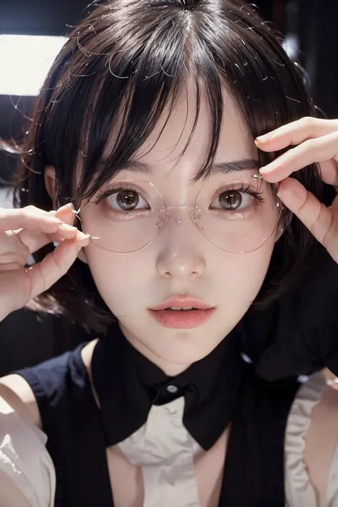 (RAW photo, best quality), (realistic, photo-realistic:1.3), masterpiece, an extremely delicate and beautiful, extremely detailed, 8k, Amazing, finely detail, ultra-detailed, highres, absurdres,
(white hair, short hair, curly hair, smooth hair), <lora:kaomingStyleLora_kaomingStyleV1:0.5>,
beautiful detailed girl, detailed fingers, extremely detailed eyes and face, beautiful detailed nose, beautiful detailed eyes, long eyelashes, looking at viewer, (closed mouth:1.2), light smile,
1girl, cute, young, mature face, <lora:no105Girl_sdNo105000014:0.5>, no. 105,
(cowboy shot:1.3),
(medium breasts), realistic face, realistic body, beautiful detailed thigh, (ulzzang-6500-v1.1:0.8), <lora:koreandolllikenessV20_v20:0.4>,
<lora:epiNoiseoffset_v2:1.3>, (dark room:1.3), (rim lighting:1.3), (dimly lit:1.3), (dark night:1.3), dark background, (black background:1.2), (black room:1.2), dramatic lightning, dramatic effect,
(collared shirt, long skirt, short sleeves), <lora:thinRoundGlasses_v11:0.7>, circle-glasses,