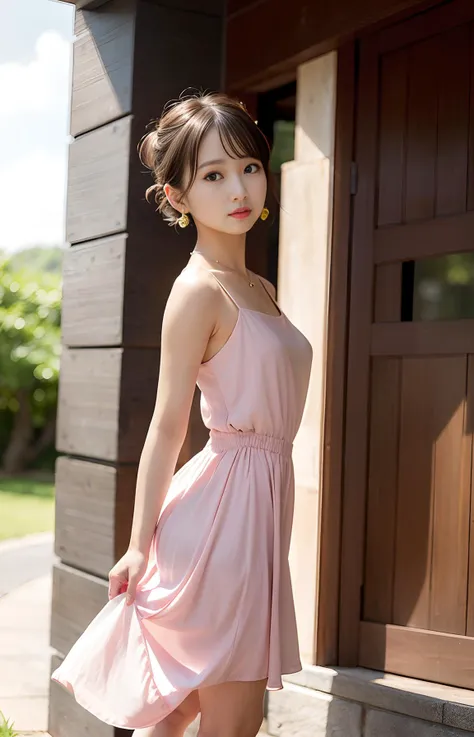 hkgirl, sun dress, short hair,  <lora:hongkongdolllikeness_v15:0.15>,  <lora:Japanese-doll-likeness:0.35>, Random posture, (An extremely delicate and beautiful work), (masterpiece), 1girl, a girl in a pink dress, highly detailed, waist leaking, charming expression, beautiful and clear eyes, green eye pupil, delicate necklace, delicate earrings, fairy ears, simple blurred background, extreme detail description, beautiful, charming,  (ulzzang-6500-v1.1:0.5) , (pureerosface_v1:0.5)