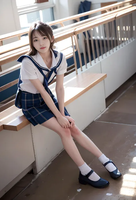 (((medium hair))), best quality, 8K, HDR, highres, absurdres:1.2, blurry background, bokeh:1.2, Photography, (RAW photo:1.2), (photorealistic:1.4), (masterpiece:1.3), (intricate details:1.2), 1girl, solo, japanese girl, delicate, beautiful detailed, (detailed eyes), (detailed facial features), petite, (((small breasts))), skin tight, (looking_at_viewer), from_front, (skinny), (best quality:1.4), (ultra highres:1.2), cinema light, (extreme detailed illustration), (lipgloss, best quality, ultra highres, depth of field, caustics, Broad lighting, natural shading, 85mm, f/1.4, ISO 200, 1/160s:0.75),1girl, solo, <lora:no117Girl_no117:0.35>,  <lora:shojovibe_v11:0.25>, (((blue vest))) <lora:yurisaLora_v40:0.15>, <lora:fashionGirl_v47:0.15>, smile, ((school uniform, pleated  skirt with checker pattern, classroom))