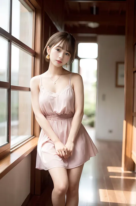 hkgirl, sun dress, short hair, <lora:hongkongdolllikeness_v15:0.15>, <lora:Japanese-doll-likeness:0.35>, Random posture, (An extremely delicate and beautiful work), (masterpiece), 1girl, a girl in a pink dress, highly detailed, waist leaking, charming expression, beautiful and clear eyes, green eye pupil, delicate necklace, delicate earrings, fairy ears, simple blurred background, extreme detail description, beautiful, charming, (ulzzang-6500-v1.1:0.5) , (pureerosface_v1:0.5)