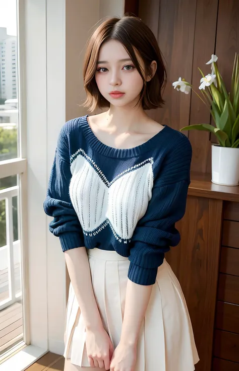 ((((short hair,dark brown hair)))), best quality, 8K, HDR, highres, absurdres:1.2, blurry background, bokeh:1.2, Photography, (RAW photo:1.2), (photorealistic:1.4), (masterpiece:1.3), (intricate details:1.2), 1girl, solo, japanese girl, delicate, beautiful detailed, (detailed eyes), (detailed facial features), petite, (((medium breasts))), skin tight, (looking_at_viewer), from_front, (skinny), (best quality:1.4), (ultra highres:1.2), cinema light, (extreme detailed illustration), (lipgloss, best quality, ultra highres, depth of field, caustics, Broad lighting, natural shading, 85mm, f/1.4, ISO 200, 1/160s:0.75),1girl, solo, <lora:no135Girl_v10:0.55>, ((smile)), ulzzang-6500-v1.1, <lora:twbabe_2:0.25>, , (((blue sweater, white pleated skirt))) , <lora:koreanstyle25D_koreanstyle25DBaked:0.2>