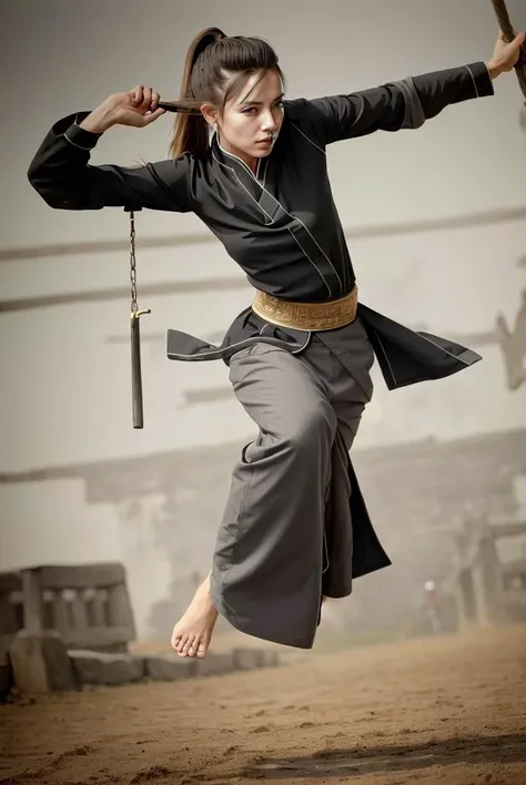 raw photo, portrait of a (emaciated:1.3) woman [ Charlize Theron: Jolin Tsai:.8] , (dark:1.1), , (gloomy:0.0), , (looking_at_viewer:1.2), , ,, (fine wrinkles, pores, veins:.5),
, (stepping at Chinese ancient city walls, entrance of Chinese ancient city, muddy ground:1.33), (swing a Chinese ancient great shiny sword:1.31), , ( wide_angle:1.3), , (Chinese martial arts, Kung Fu, Han dynasty:1.4), (black long (straight )hair, ponytail, barefoot, no_makeup, gritty:1.3), (from_side:0.5), (woman wearing (light-grey:1.2)Han style outfits with black border, Complex clothing details:1.3), long slim legs ,(daytime:0.2),
, highly detailed, masterpiece, best quality, 8k, (realistic skin, cell-shaded:1.3), sharp_focus, (SFW), (high detailed skin:1.2), 8k uhd, dslr, (soft lighting:1.0), high quality, film grain, Fujifilm XT3,