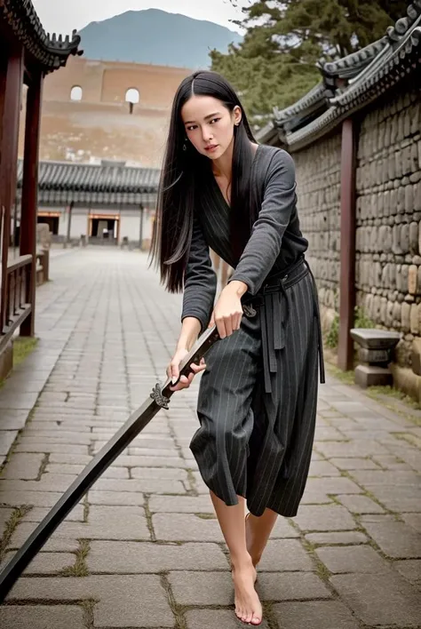 raw photo, portrait of a (emaciated:1.3) woman [ Eva Green: Jolin Tsai:.6] (with great ancient sword, swing sword:1.33), (dark:1.1), , (gloomy:0.0), , (looking_at_viewer:1.2), , ,, (fine wrinkles, pores, veins:.5),
 , (stepping at Chinese ancient city walls, entrance of Chinese ancient city, muddy ground:1.33), , , ( wide_angle:1.3), (Chinese martial arts, Kung Fu, Han dynasty:1.4), (black long (straight )hair, ponytail, barefoot, no_makeup, gritty:1.3), (from_side:0.5), (woman wearing (deep-grey:1.1)Han style outfits with black stripe border, Complex clothing details:1.3), long slim legs ,(daytime:0.2),
, highly detailed, masterpiece, best quality, 8k, (realistic skin, cell-shaded:1.3), sharp_focus, (SFW), (high detailed skin:1.2), 8k uhd, dslr, (soft lighting:1.0), high quality, film grain, Fujifilm XT3,