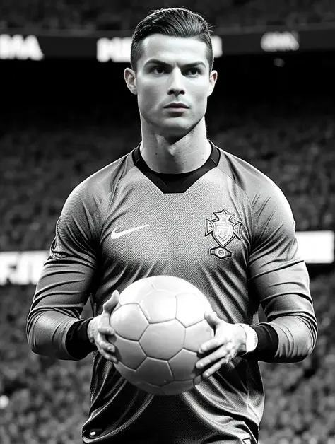 1man, play soccer, stadium, cr7, upper body, ((face focus)), ((less contrast)), ((dull)),