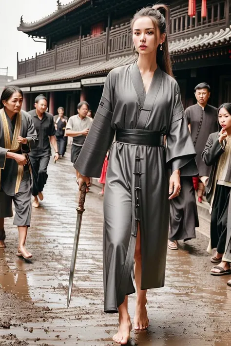 raw photo, portrait of a (emaciated:1.3) woman [ Charlize Theron: Jolin Tsai:.6] , (dark:1.1), , (gloomy:0.0), , (looking_at_viewer:1.2), , ,, (fine wrinkles, pores, veins:.5),
, (stepping at busy street of Han dynasty bungalow city :1.33), (street full of barefoot Han dynasty people (with Han style outfits:1.2):1.3), (in the crowd:1.4), (dirt road, muddy ground:1.3), (holding (handle :1.2)of a Chinese ancient great shiny sword, sword pointing to viewer:1.33), , ( wide_angle:1.3), , (Chinese martial arts, Kung Fu, Han dynasty:1.4), (black long (straight )hair, ponytail, barefoot, no_makeup, gritty:1.43), (from_side:0.5), (woman wearing (light-grey:1.2)Han style outfits with black border, Complex clothing details:1.3), long slim legs ,(daytime:1.3),
, highly detailed, masterpiece, best quality, 8k, (realistic skin, cell-shaded:1.3), sharp_focus, (SFW), (high detailed skin:1.2), 8k uhd, dslr, (soft lighting:1.0), high quality, film grain, Fujifilm XT3,