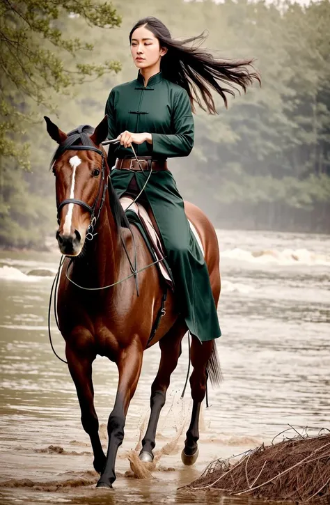 raw photo, portrait of a (emaciated:1.3) woman [ Ivanka Trump:.8] ridding a horse, (dark:1.1), , (gloomy:0.0), (foggy:0.0), (looking_at_viewer:1.2), , ,, (fine wrinkles, pores, veins:.5),
, (woman ridding horse, woman on running_horse:1.33), (forest, river :1.33), , (hair floating in the wind:1.3), (dirt ground, dirt road:1.3), (woman carring a Chinese ancient great shiny sword and swing with a hand:1.34), , ( wide_angle:1.3), , (Chinese martial arts, Kung Fu, Han dynasty:1.4), ((black long straight hair :1.2),  barefoot, no_makeup, gritty:1.33), (from_side:0.5), (woman wearing (deep-green:1.2)Han style outfits with black collar, Complex clothing details, leg_out:1.3), long slim legs ,(daytime:0.9),
, highly detailed, masterpiece, best quality, 8k, (realistic skin, cell-shaded:1.3), sharp_focus, (SFW), (high detailed skin:1.2), 8k uhd, dslr, (soft lighting:1.0), high quality, film grain, Fujifilm XT3,