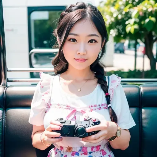 erica, tvb, kawaii, woman, artist, instagram, (photographed using Sony A9 II (Mirrorless Camera), by photographer, photorealistic, (photorealistic:1.2), masterpiece, best quality, depth of field, detailed face, face focus, (looking at viewer:1.9), shiny skin, smile, blurry background,double braid, wearing watch, handbag, on the bus, holding nintendo switch