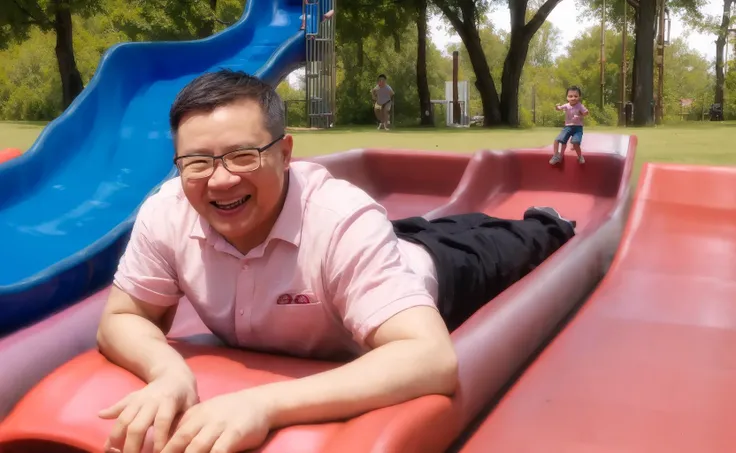 masterpiece,best quality,<lora:zhangweiwei_v10:0.9>,(photorealistic:0.7),1man,smile,aged up,pink shirt , (children's slide), (play on a slide:1.3),in a park,