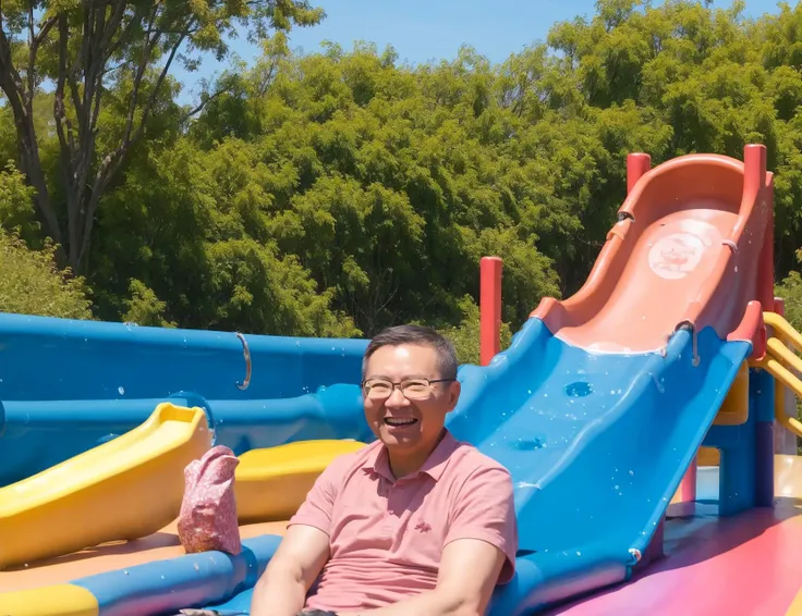 masterpiece,best quality,<lora:zhangweiwei_v10:0.9>,(photorealistic:0.7),1man,smile,aged up,pink shirt , (children's slide), (play on a slide:1.3),in a park,