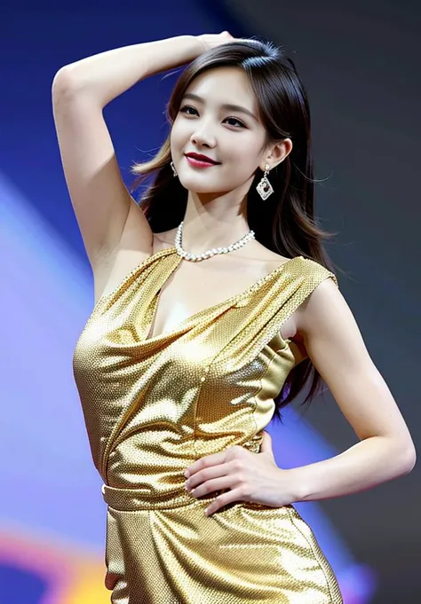 (goddess-like happiness:1.2), Kpop idol, skinny, floating hairs, ,(cowboy shot:1.4), (RAW photo:1.2), (photorealistic:1.4), (masterpiece:1.3), (intricate details:1.2), A stunning supermodel struts down the catwalk with confidence and poise. Her long legs effortlessly carry her down the runway, and her graceful movements captivate the audience's attention. She wears an elegant and stylish cheongsam,hair ornament,necklace, jewelry, that accentuates her curves and enhances her beauty. The fabric flows effortlessly as she moves, creating a mesmerizing visual display. As she reaches the end of the runway, she pauses and strikes a pose, showcasing her outfit. Her fierce gaze and confident demeanor leave a lasting impression on the audience. The atmosphere is buzzing with energy and excitement as everyone works together to create a flawless and unforgettable show.